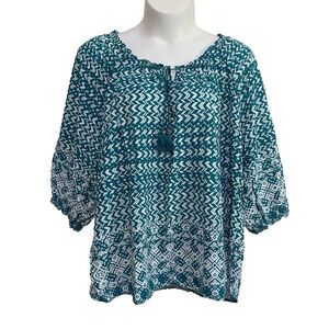 3/$30 Faded Glory Blouse Top Womens 4X Green White 3/4 Sleeve Boho Tassels